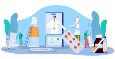 Pharmacy medication concept, online drugstore consultation and pills prescription, people vector illustration