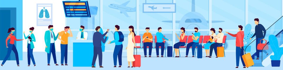 People waiting in airport queue, tourist evacuation from coronavirus epidemic region, vector illustration