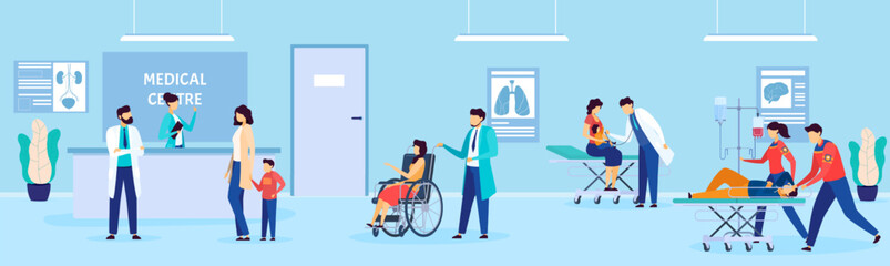 Patients and doctor in hospital, disabled people at medics clinic, healthcare cartoon vector illustration, medical center.