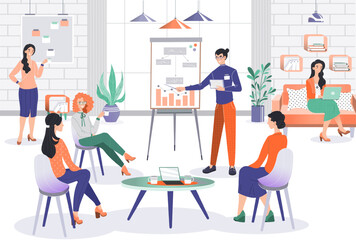 Business project presentation in office, group manager cartoon character, people vector illustration