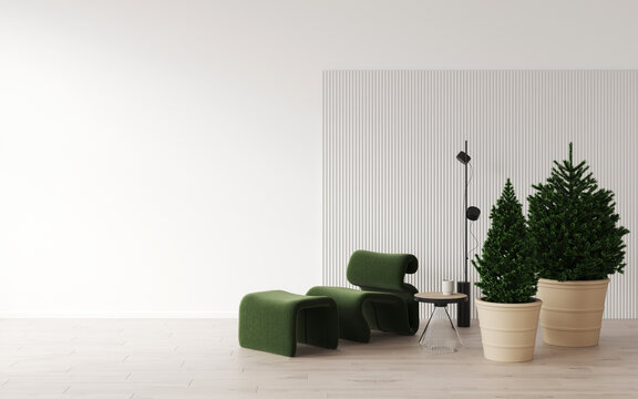Stylish designer green armchair in a white living room, green christmas trees in a pot, coffee table, floor lamp, decor. White embossed wall in the background. Product presentation, exhibition. 3d 