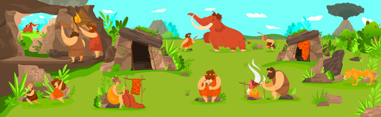 Prehistoric people life in primitive tribe settlement, men hunting mammoth and children playing, vector illustration