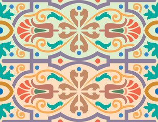 Fototapeta na wymiar Arabic arabesque design greeting card. Islamic ornamental colorful detail of mosaic.Vector illustration.