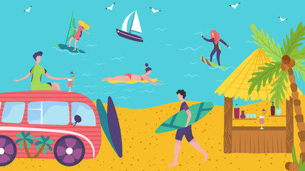 People surfing in ocean, seaside beach summer vacation, bungalow bar with cocktails, vector illustration