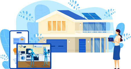 Smart home security connected and control technology system, devices through internet network, cartoon vector illustration.