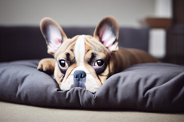 brown french bulldog lies on a gray dog bed, generative AI