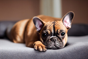 brown french bulldog lies on a gray bed, generative AI