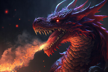 Red dragon breathing fire. Mythology creature. Dark fantasy illustration. Generative AI