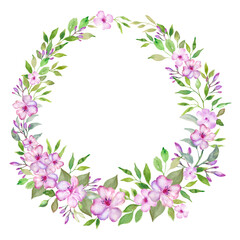 Obraz na płótnie Canvas Watercolor wreath of flowers. Hand drawn illustration. Excellent for the design of postcards, posters, stickers, packaging, wrapping. 