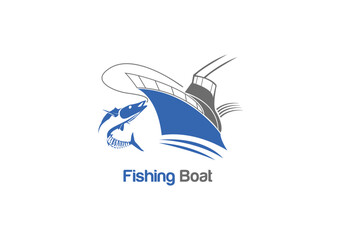 A fishing boat is catching a fish logo concept