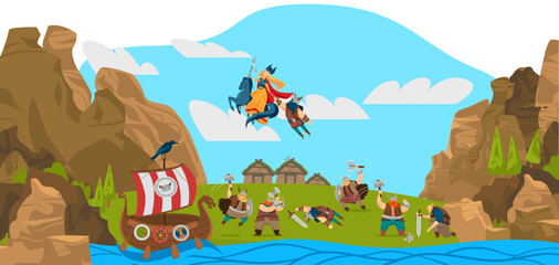 Vikings and scandinavian warriors, gods, landscape funny cartoon vector illustration from Scandinavia history.