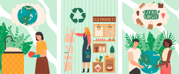 Zero waste lifestyle, people save planet by refusing to buy plastic products, vector illustration