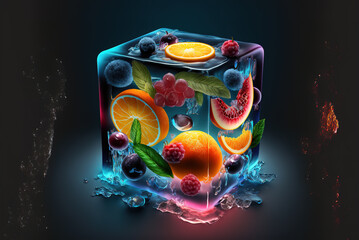 tropical fruits locked in one ice cube