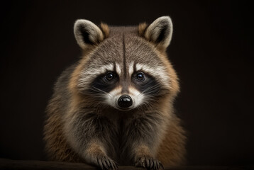Fototapeta premium Young Raccoon standing in front and Looking at the camera isolated on black background 