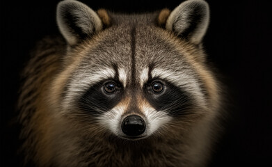 Fototapeta premium Young Raccoon standing in front and Looking at the camera isolated on black background 