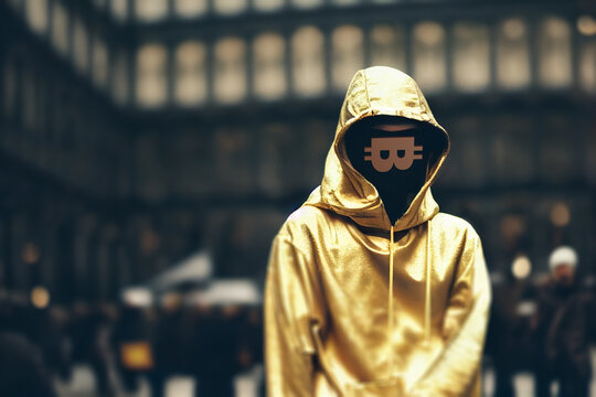 Satoshi Nakamoto, the anonymous bitcoin creator with satoshi pseudonym. Illustration of anonymous person with bitcoin shaped glasses in the street.