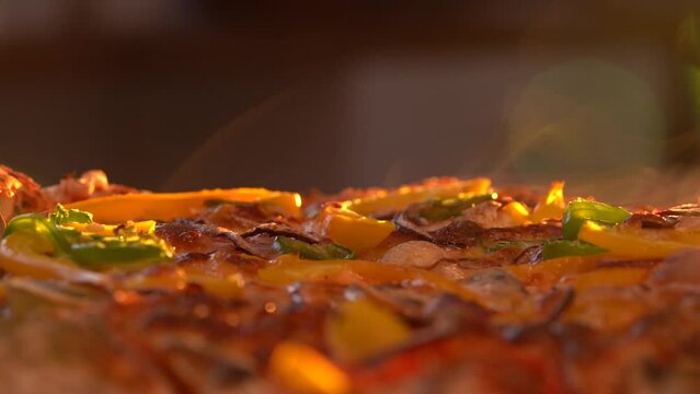 Steaming Hot Pizza On The Table With Sunset Hue In The Background