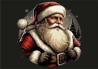 santa claus with christmas tree, winter background, circle illustration