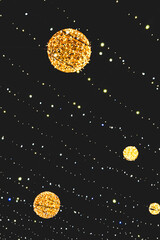 close up picture of decorating light balls in the sky on black background, as Christmas card. Celebration of holidays on December and winter season. Bulbs with blurred back as wallpaper. 