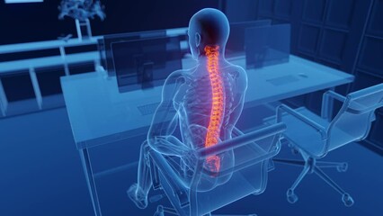 3D medical animation of a man experiencing back pain at work