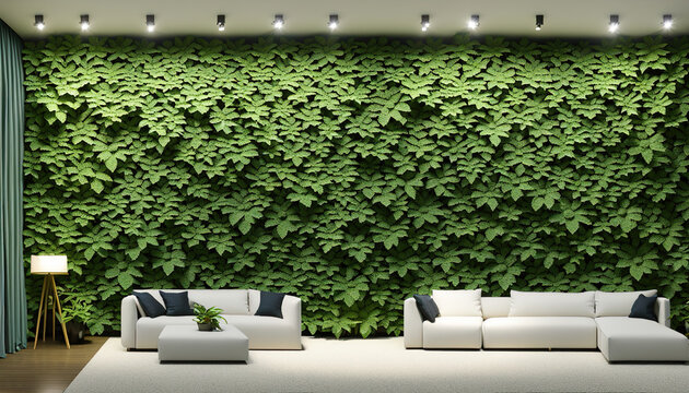Bright furniture against wall of plants