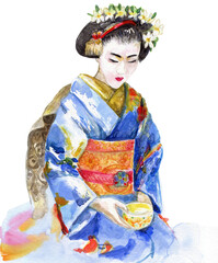 Beautiful Japanese woman geisha sitting in traditional kimono dress watercolor illustration, traditional Asian fashion, 600 dpi PNG with transparent background 