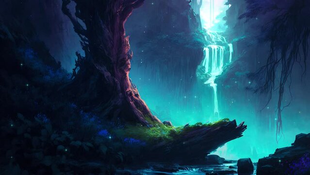 Fantasy magical landscape forest with blue and purple, Digital art. Fantasy landscape, deep color. Loop animation
