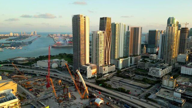 Aerial panorama Signature Bridge Miami near highrise towers