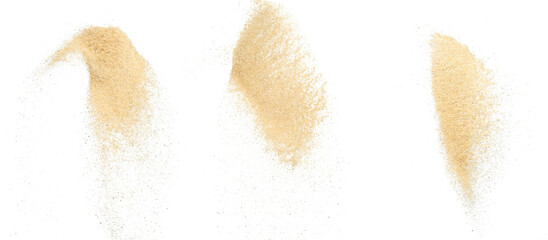 Sand flying explosion, Golden sand wave explode. Abstract sands cloud fly. Yellow colored sand splash throwing in Air. White background Isolated high speed shutter, throwing freeze stop motion © Jade