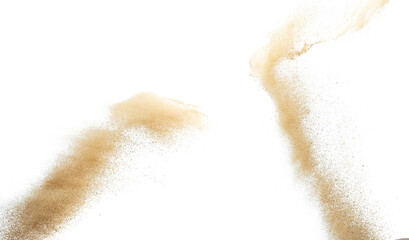 Sand flying explosion, Golden sand wave explode. Abstract sands cloud fly. Yellow colored sand splash throwing in Air. White background Isolated high speed shutter, throwing freeze stop motion