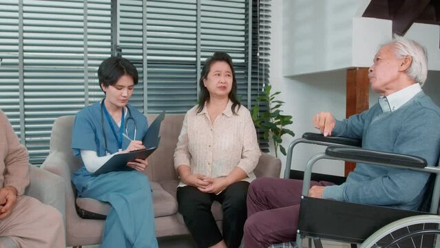 Group of Asian senior people are given advice by professional self care psychologist  at elderly healthcare center, elder group therapy Geriatric consultation concept