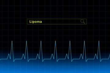 Lipoma.Lipoma inscription in search bar. Illustration with titled Lipoma . Heartbeat line as a symbol of human disease.