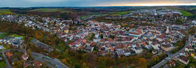 Aerial wide view around the city Zwettl in Austria on a sunny autumn morning 