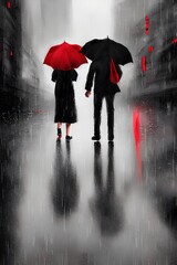 Couple walking to street with umbrella in rainy day. Red and black colors. Generative ai.