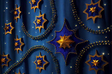Blue Velvet and Red Embroidery Festive Curtain. Generative ai