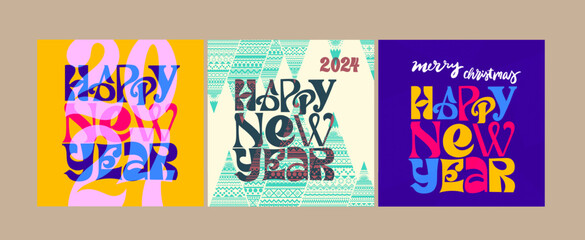 Set of Happy New Year 2024 lettering. Colored cover of business diary for 2024 with wishes. Brochure design template, card, banner, posters. Vector illustration. Isolated on white background.