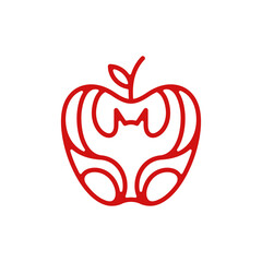 Fruit apple logo with Bat animal, fruit silhouette simple linear geometric shape in minimalist style.