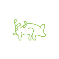 Animal Pig Leaf Line Logo Design, pig and leaf icon line art illustration silhouette for agriculture