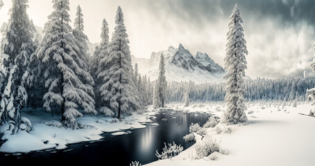 Beautiful Winter landscape. Fantasy winter forest landscape, mountains, lake.	