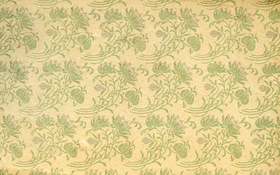 Used antique floral wallpaper with flowers and leaves, art nouveau, circa 1900