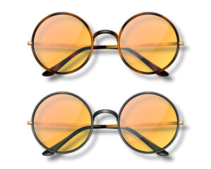 Fototapeta premium Vector 3d Realistic Round Frame Glasses Set Glass Isolated, Transparent Sunglasses for Women and Men, Accessory. Optics, Lens, Vintage, Trendy Glasses. Top View