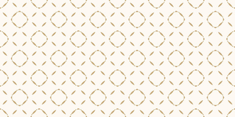 Golden abstract floral seamless pattern. Vector gold and white background. Simple geometric leaf ornament. Delicate luxury graphic texture with flower shapes, diamond grid. Elegant repeated design