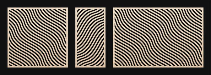 Laser cut panels. Trendy vector template with abstract geometric pattern, thin wavy lines, diagonal stripes, curves. Elegant stencil for laser cutting of wood, metal, paper. Aspect ratio 1:1, 1:2, 3:2