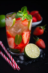 Strawberry mojito. Refreshing summer drink with berries, lime and mint