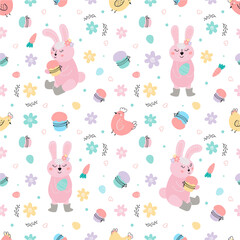 Easter pattern with rabbits, cakes, eggs, chickens