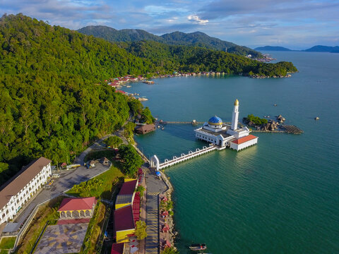 Aerial view of beautiful floating mosque at Pangkor Island. Slightly softfocus due to long exposure setting