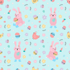 Easter pattern with bunny, cakes, eggs, willow