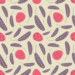 Eggs and feathers Easter seamless pattern.