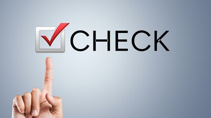 Hand point on CHECK word on simple background