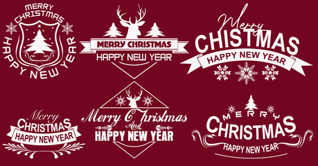 merry christmas and happy new year typographic emblems set, on a red background, Christmas set - labels, emblems and other decorative elements.